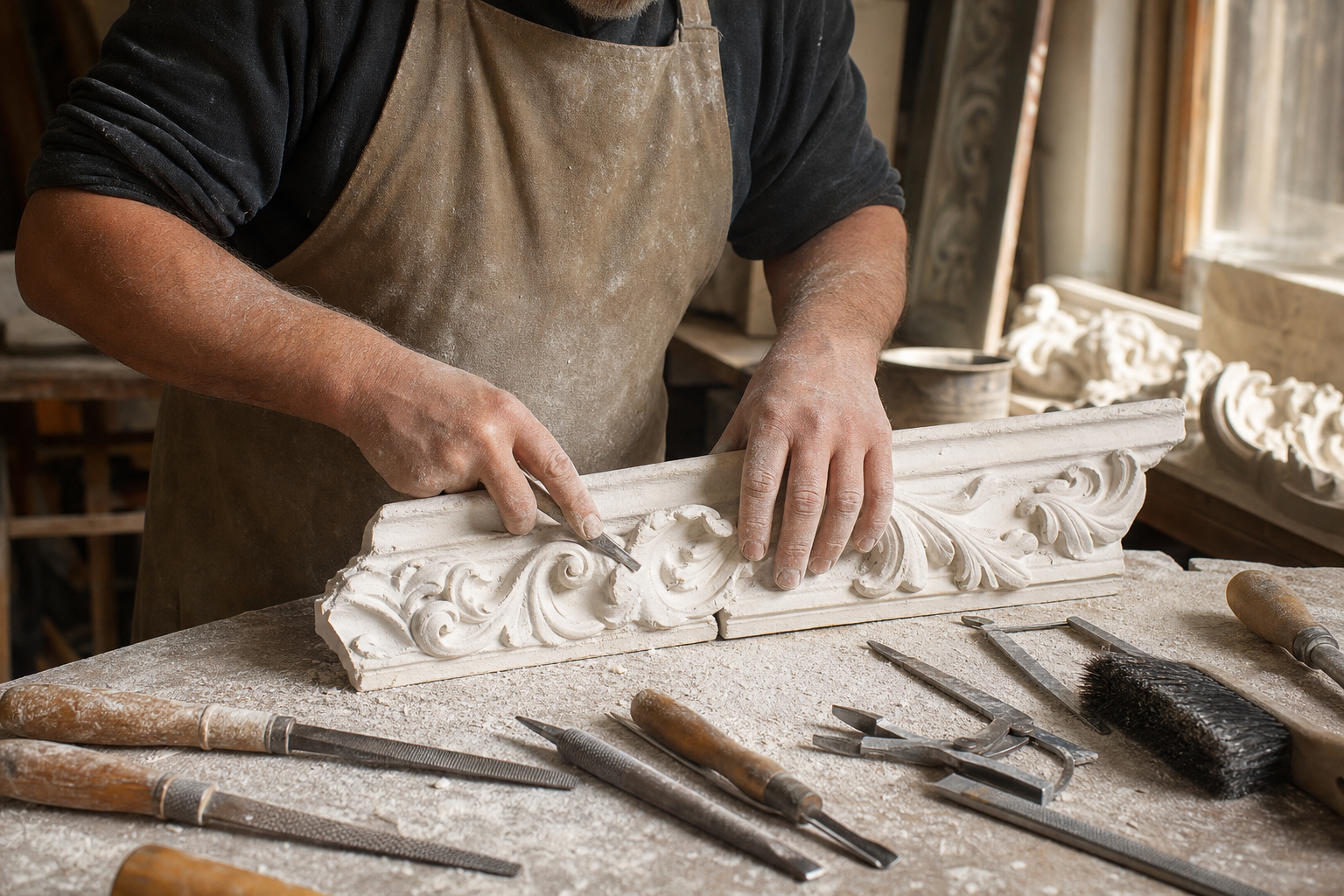 Artisan sculptant une moulure en plâtre