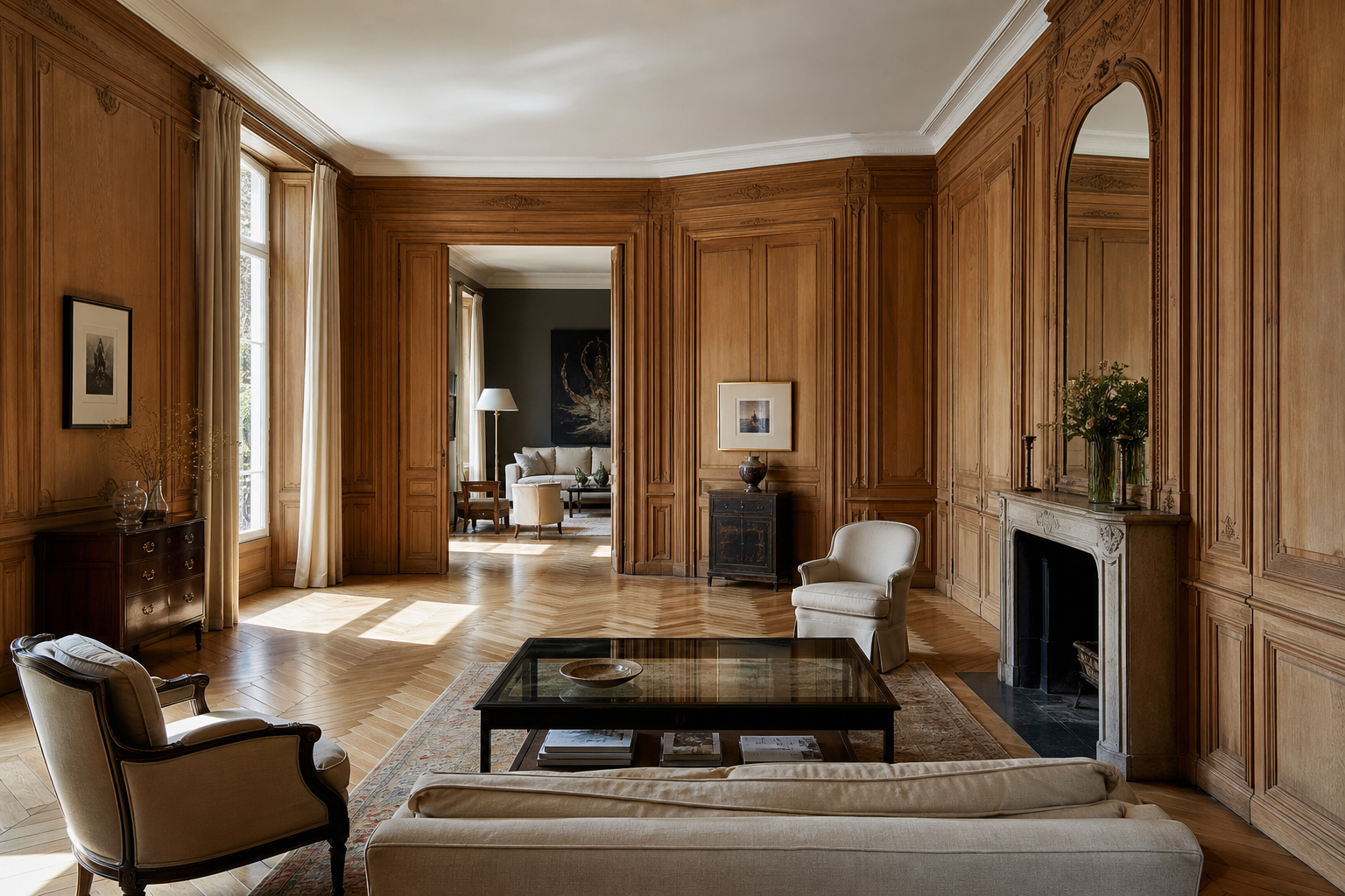 Salon avec boiseries murales et parquet à chevrons