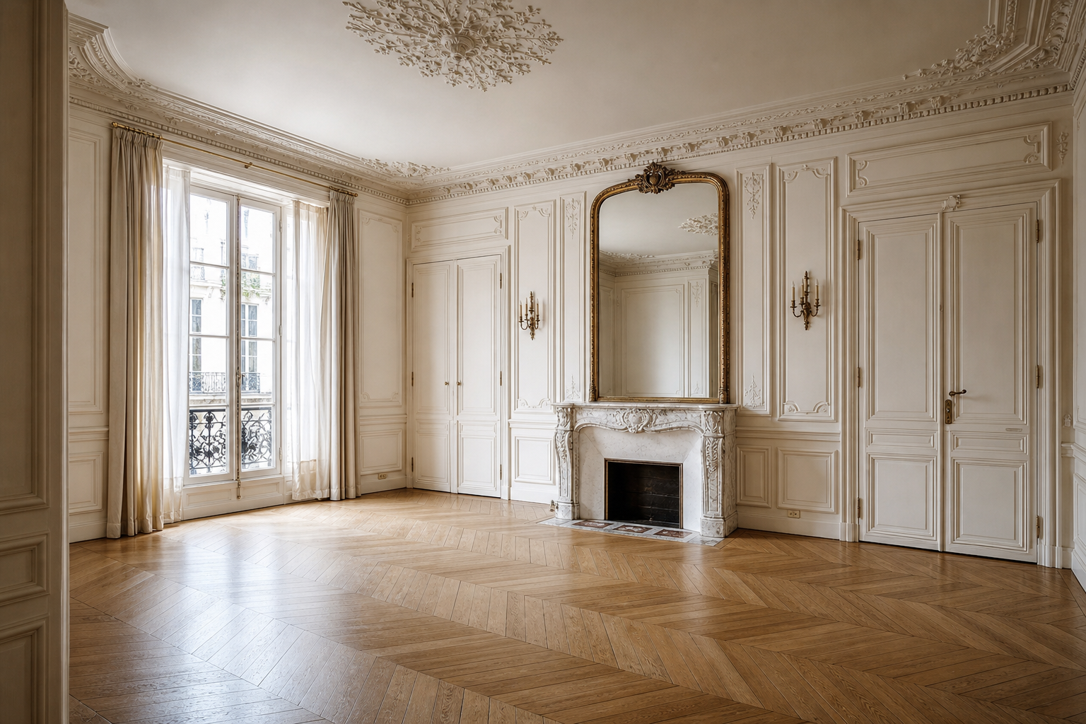Salon d'époque avec moulures et cheminée en marbre